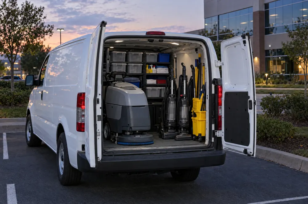 Unmarked cargo van loaded with floor machines and cleaning supplies