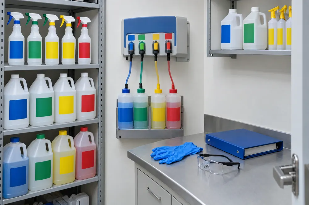 Cleaning chemicals labeled and stored beside a safety data sheet binder