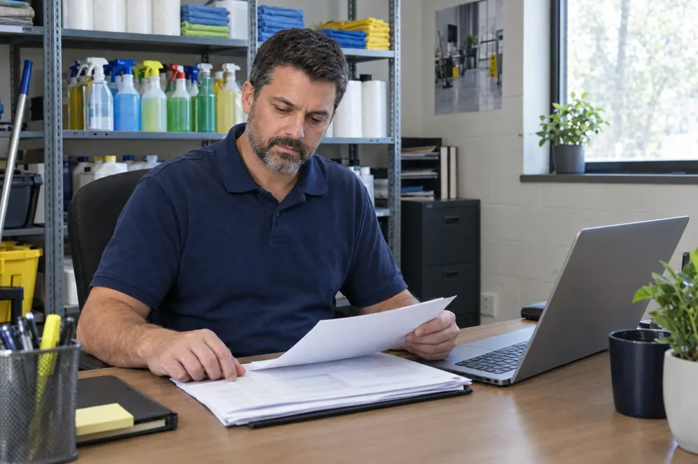 Cleaning company owner reviewing insurance documents in an office