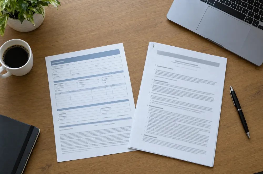 Certificate of insurance and a cleaning contract on a desk