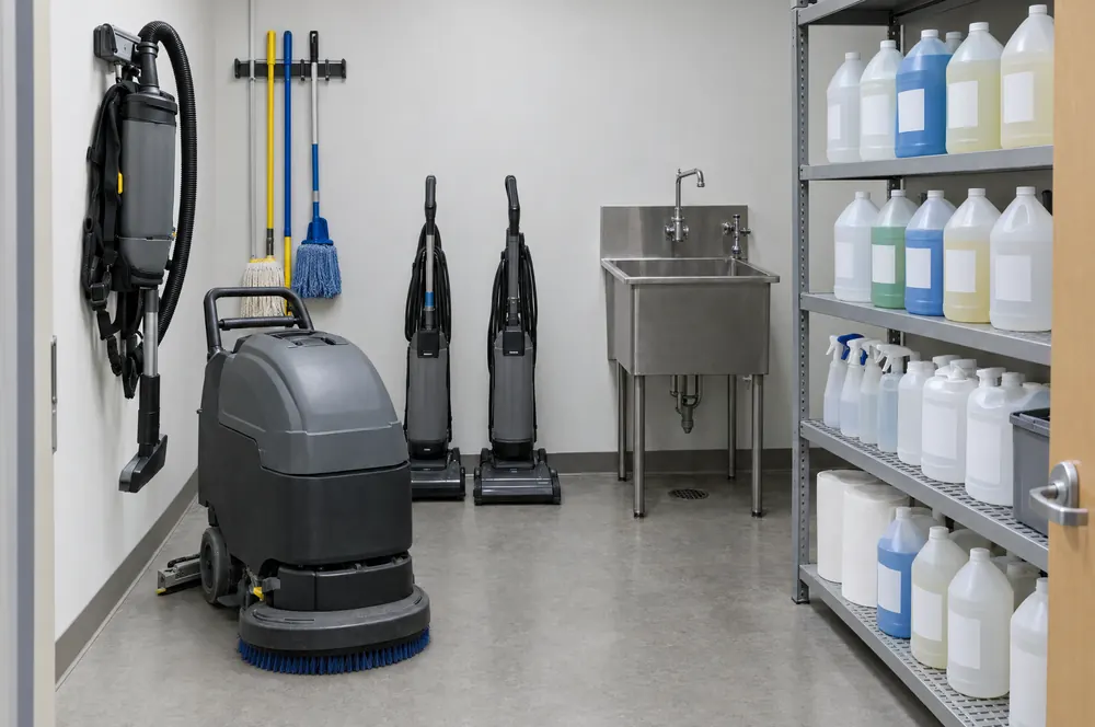 Floor scrubber, vacuums and a supply cart stored in a client's janitor closet