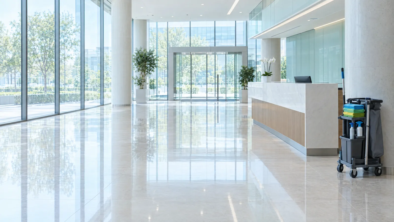 Spotless lobby of a multi-tenant office building