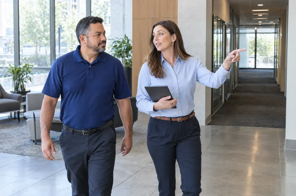 Cleaning company owner walking a building with the property manager