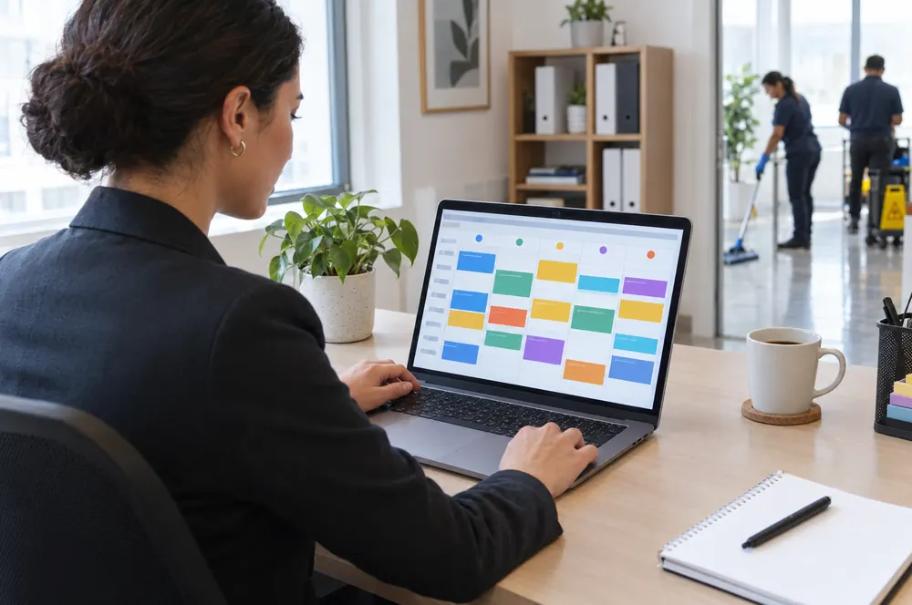 Office manager scheduling cleaning crews on a laptop