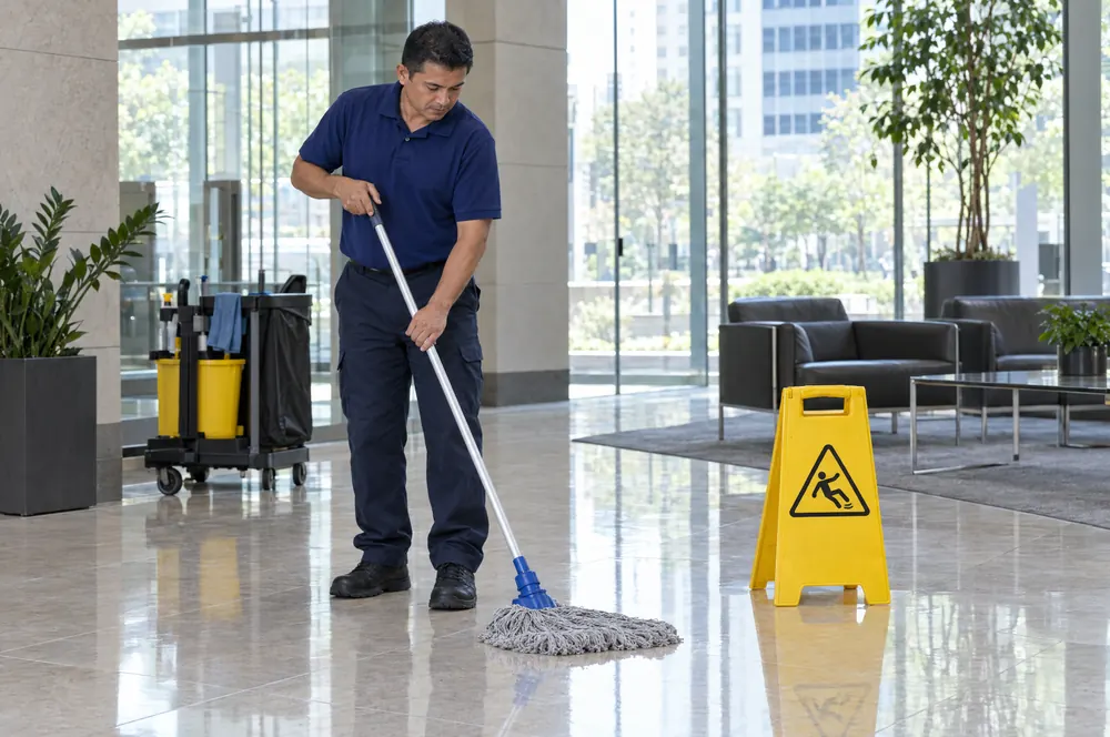 Cleaner mopping a lobby floor beside a yellow wet-floor sign